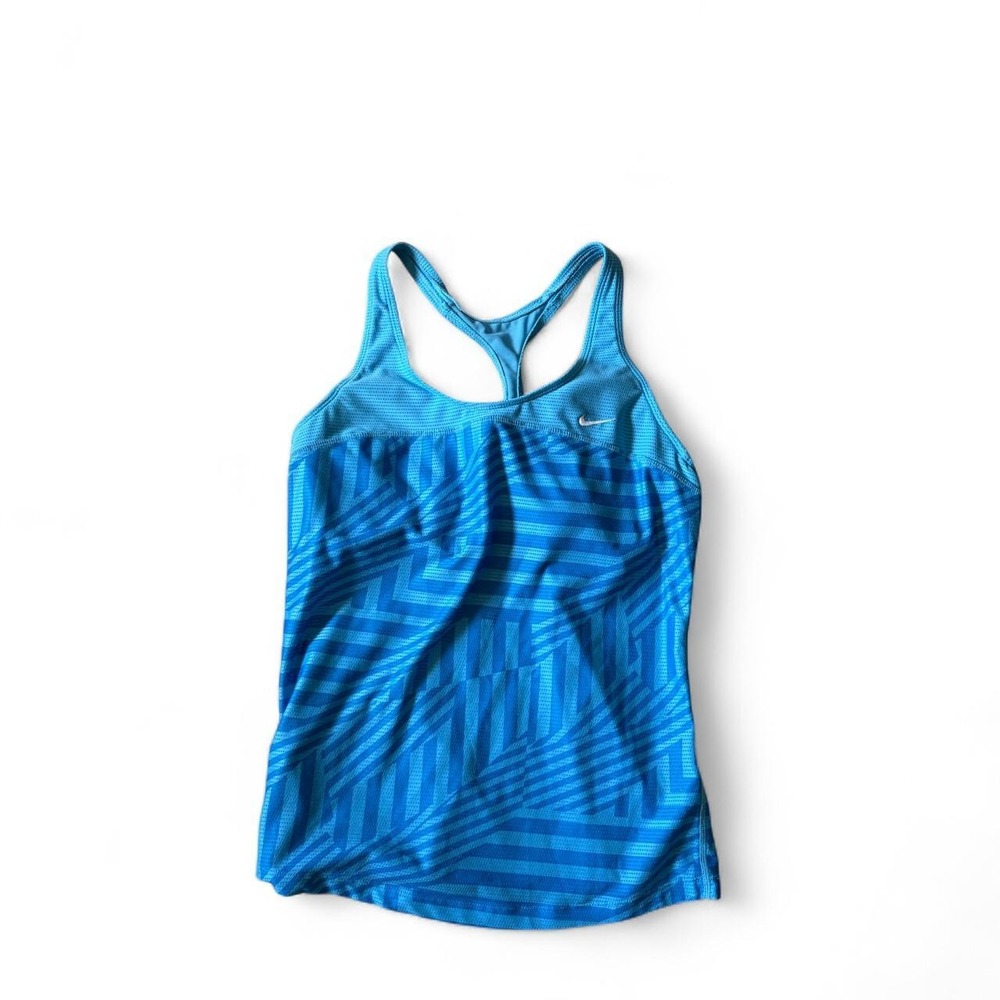 Y2K style Nike blue tank top with geometric pattern, size M built in bra